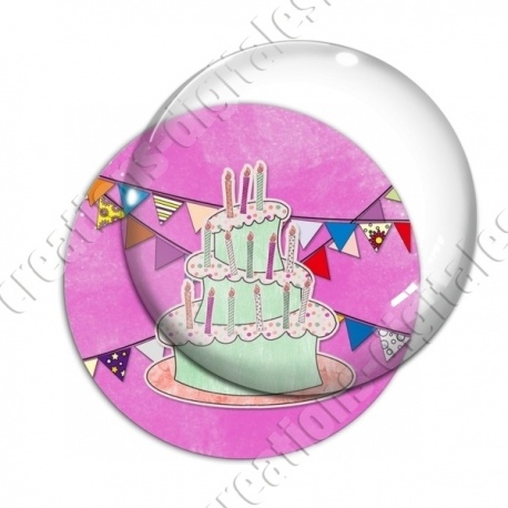 Image digitale - Gâteau et fanions - Fond rose