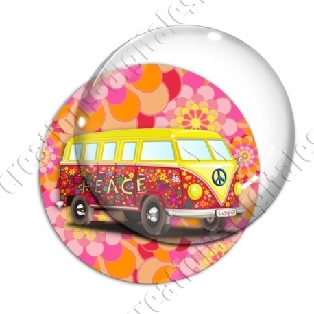 Image digitale - Van hippie - Fond fleuri rose