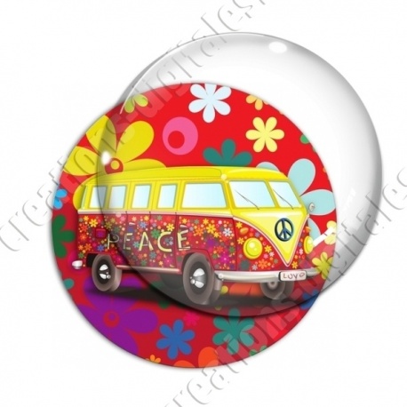 Image digitale - Van hippie - Fond fleuri rouge 02