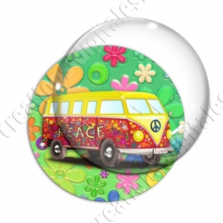 Image digitale - Van hippie - Fond fleuri vert