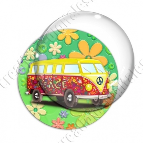 Image digitale - Van hippie - Fond fleuri vert 02