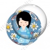Image digitale - Kokeshi robe citron décor poissons